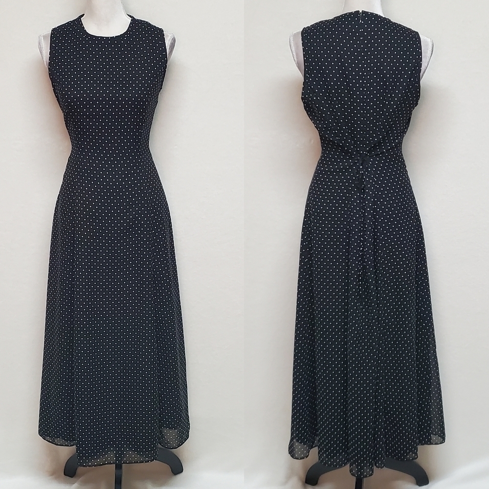 Vintage 80s Jessica Howard Black White Polka-dot Tie-Waist Sleeveless Midi Dress